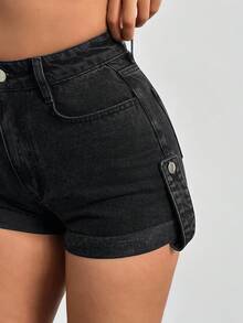 EURMUSE High Waist Button Detailed Denim Short - Black - View 7