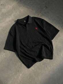 SWAVVY Men's Casual Commuting Rider Embroidery Textured Fabric Short Sleeve Polo Shirt, Summer - Black - View 1