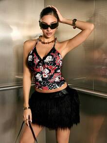 Betty Boop x SHEIN Top cropped de alcinha com estampa contrastante de renda para o verão feminino. Ideal para aniversários, baladas em Las Vegas, noites em Havana e noites de cassino. - Multicolorido - Ver 4