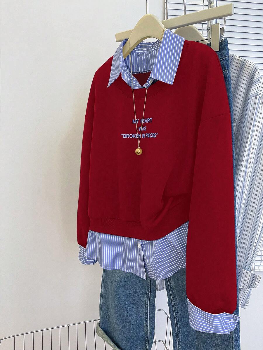 INAWLY Women's Autumn Slogan Print Patchwork Striped Shirt Collar Long Sleeve Casual 2 In 1 Sweatshirt, Christmas - Red - View 1