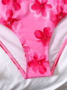 SHEIN Conjunto de traje de baño con estampado floral para niñas preadolescentes, casual para vacaciones en la playa - Rojo - Ver 5