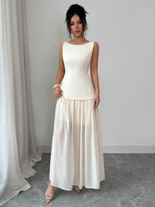 SHEIN Elenzya Women's Chiffon Patchwork Dress With Lining, V-Neck, Waist Cinched A-Line Skirt, Elegant French Romantic Vintage Style, Suitable For Commute, Business, Beach, Casual, Simple Versatile, Wedding, Valentine's Day, Spring/Summer - Apricot - View 4