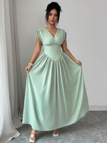 SHEIN Elenzya Women's V-Neck Oversized Inverted Triangle Waist Adjustable Drawstring Shoulder Maxi Dress, Elegant French Vintage Romantic Casual Beach Resort Style, Suitable For Valentine's Day, Afternoon Tea, Party, Spring/Summer