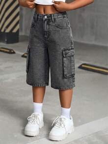 SHEIN 少女时尚休闲 Y2K 复古酷炫街头黑色牛仔宽松舒适工装风短裤日常穿着春夏狂欢节和街头风新款 SS26 时尚 - 黑色 - 查看 6