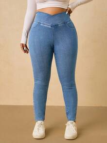 SHEIN Tall CURVE 大码女式休闲日常通勤百搭重叠腰部紧身牛仔裤 - 淺色水洗藍 - 查看 3