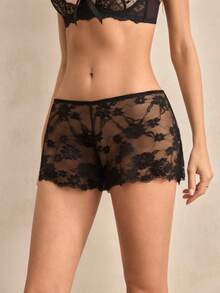 Charlaine Bragas elegantes de estilo francés romántico para mujer, con encaje negro y parches transparentes, de talle bajo, adecuadas para vacaciones, hogar y uso diario - Negro - Ver 4