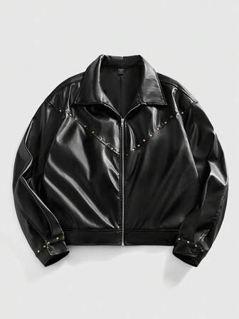 Street Life Men's Casual Fashion Street Punk PU Leather Rivet Decor Zipper Stand Collar Jacket, Autumn