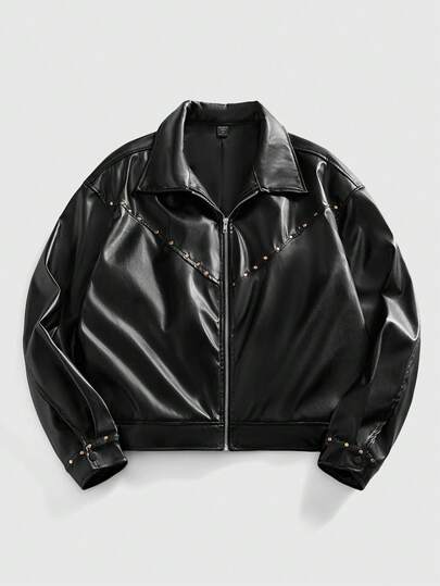 Street Life Veste décontractée de mode de rue pour hommes, en cuir PU avec rivets décoratifs, col montant avec fermeture éclair, automne
