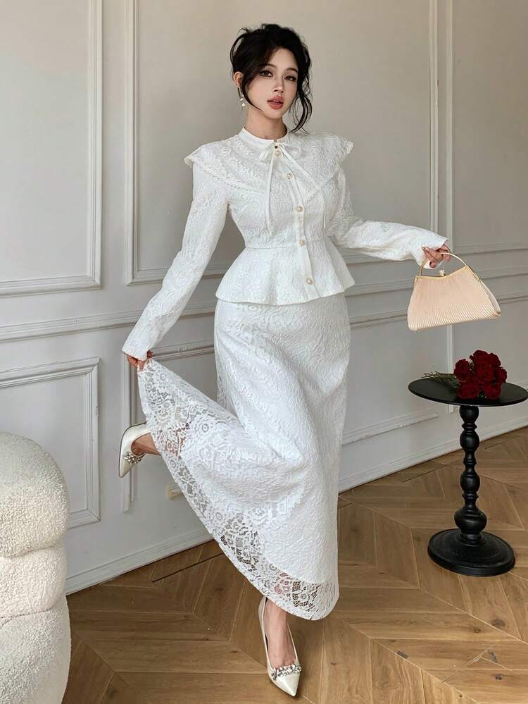 Elegant White Lace Ribbon Tie Waist Shawl Collar Blouse & Skirt 2 Pieces Set, Suitable For Valentine's Day, Wedding Spring