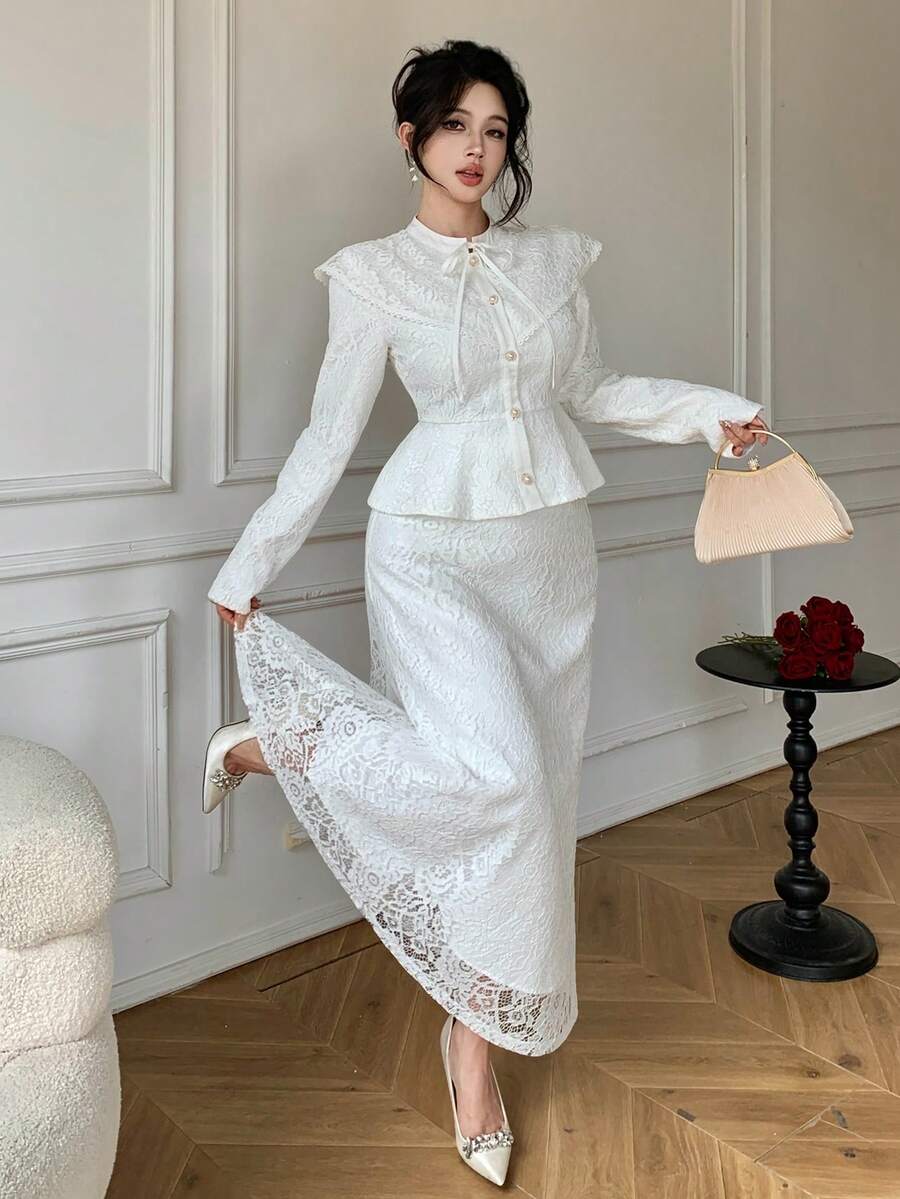 DAZY 优雅白色蕾丝缎带系腰披肩领上衣和半裙两件套，适合情人节、婚礼等场合。 - 米色 - 查看 1