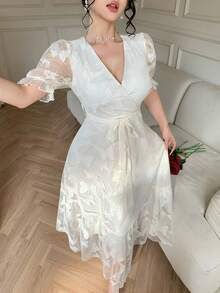 DAZY Women's Elegant Lace V-Neck Belted Mid-Length Dress, Summer - Beige - View 6