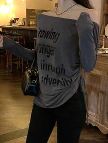 DAZY Camiseta de manga larga con estampado de letras en inglés al estilo coreano con hombros descubiertos para mujer, primavera/verano - Gris - Ver 1