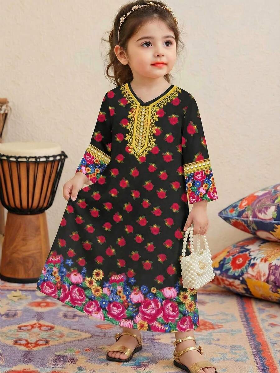 SHEIN Đầm dài tay cổ chữ V viền ren in họa tiết retro thanh lịch, kiểu Jalabiya, Abaya, Kaftan truyền thống Ả Rập dành cho bé gái. - trắng - Xem 1