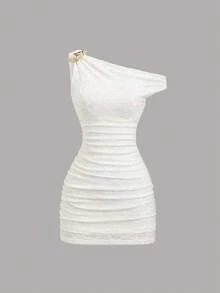 Sweetra Y2K Sexy Asymmetric Shoulder Textured Fabric Pleated Vacation Dress - White - View 6