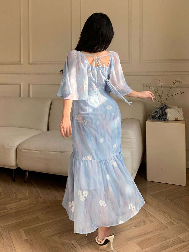 Women's Elegant Floral Lace Patchwork Square Collar Ruffle Hem Dress, Spring/Summer Wedding Guest Dress Sundress