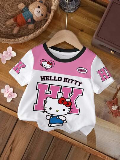 HELLO KITTY AND FRIENDS | SHEIN 女婴休闲撞色猫咪印花圆领短袖上衣，夏季
