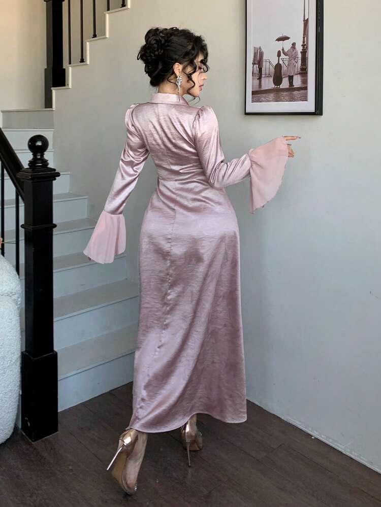 Elegant Patchwork Blazer Collar Long Dress For Women, Spring Wedding Guest Dress Sundress