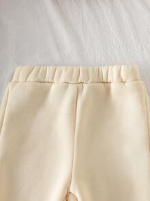 SHEIN 2件套女婴柔软舒适可爱刺绣粉色保暖连帽卫衣和裤子套装，秋冬季 - 杏色 - 查看 4