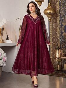 Al Najma Plus Size Women Lace Fabric Beaded Collar Elegant Dress, Spring/Summer - Burgundy - View 2