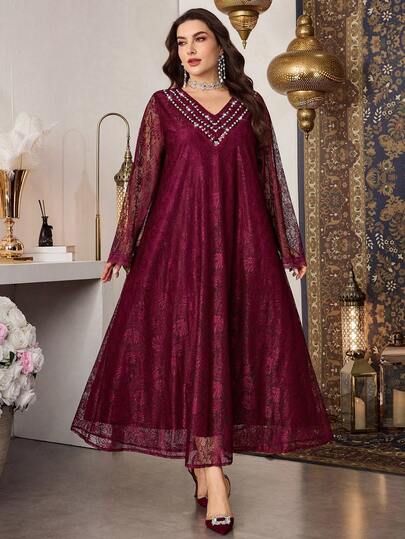 Al Najma Plus Size Women Lace Fabric Beaded Collar Elegant Dress, Spring/Summer