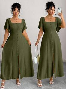 Elenzga Đầm cỡ lớn màu trơn, viền bèo nhún, cổ vuông, eo thắt cho nữ - Màu xanh Ô liu - Xem 5