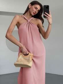 Aloruh 杏色女士吊带A字连衣裙，适合春夏度假穿着 - 淺粉色 - 查看 7