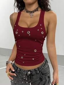 StreetHx Women's Punk Studded Fitted Cropped Sexy Camisole - Burgundy - View 4