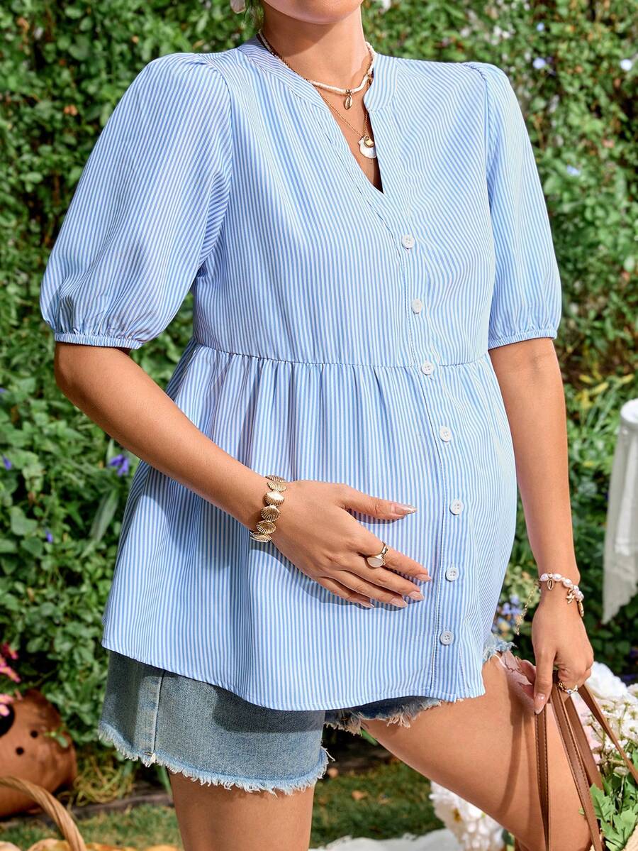 SHEIN Maternity Clothes Maternity  Tops Summer Pregnant Clothes Blue Maternity Shirt, Soft And Comfortable, Striped, Casual And Vacation-Appropriate - Blue - View 1