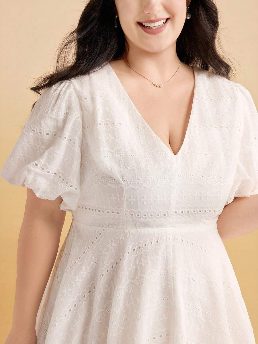Momelise Đầm hè cỡ lớn, màu trơn, dáng chữ A, thêu jacquard, thắt eo. - trắng - Xem 1