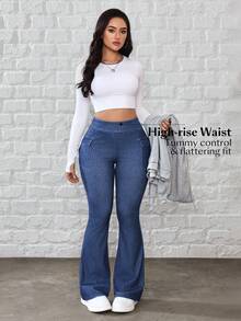 Flexra Women's Casual Washed Slim Fit Flare Cargo Jeans - Blue - View 7