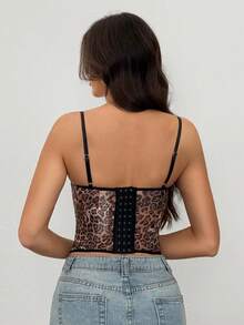 SHEIN Tall Women's Brown Leopard Print Mesh Lace Trim Sexy Camisole Top, Versatile For Outings, Date Nights, Theme Parties, Celebrations - Multicolor - View 2