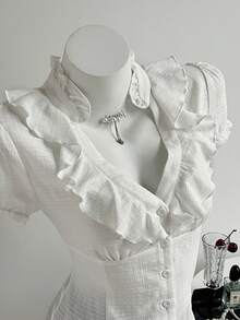 Elamini 女士白色V领荷叶边修身泡泡袖衬衫 - 白色 - 查看 1