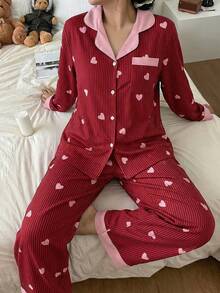 SHEIN 加大码撞色领荷叶边爱心条纹长袖睡衣套装 - 紅色 - 查看 3