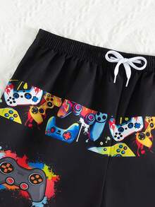 SHEIN Boys' Video Game Print Elastic Waist Drawstring Beach Shorts, Fashionable Casual Swim Trunks