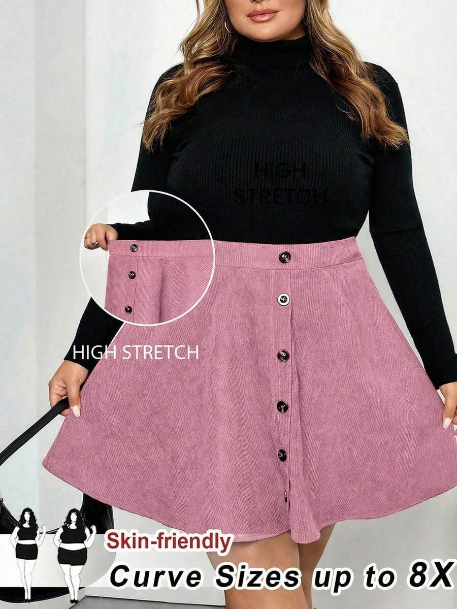 SHEIN CURVE+ 大码纯色前扣简约A字裙，休闲日常穿着 - 藕粉色 - 查看 1