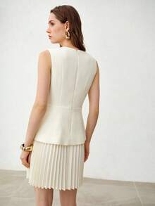MOTF PREMIUM VESTIDO DE VIAJE CON CUELLO EN PICO SIN MANGAS, BAJO PLISADO Y DECORACIÓN DE BOTONES PARA MUJERES, DE ALTA CALIDAD, ELEGANTE Y A LA MODA, PARA PRIMAVERA/VERANO - Albaricoque - Ver 3