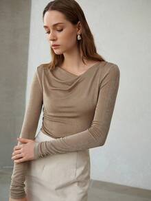 MOTF PREMIUM FASHIONABLE ASYMMETRIC SHOULDER SLIM FIT PLEATED CASUAL LONG SLEEVE T-SHIRT FOR WOMEN, SPRING/SUMMER - Champagne - View 7