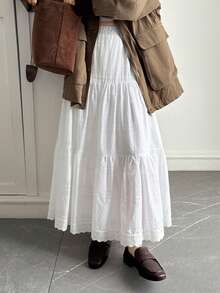 Livesso 宽松波西米亚度假风时尚办公街头风纹理褶皱提花镂空蕾丝拼接女裙，春夏款 - 白色 - 查看 1