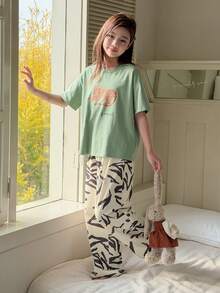 DAZY 少女字母和老虎印花圆领短袖T恤和裤子睡衣套装 - 綠色 - 查看 4