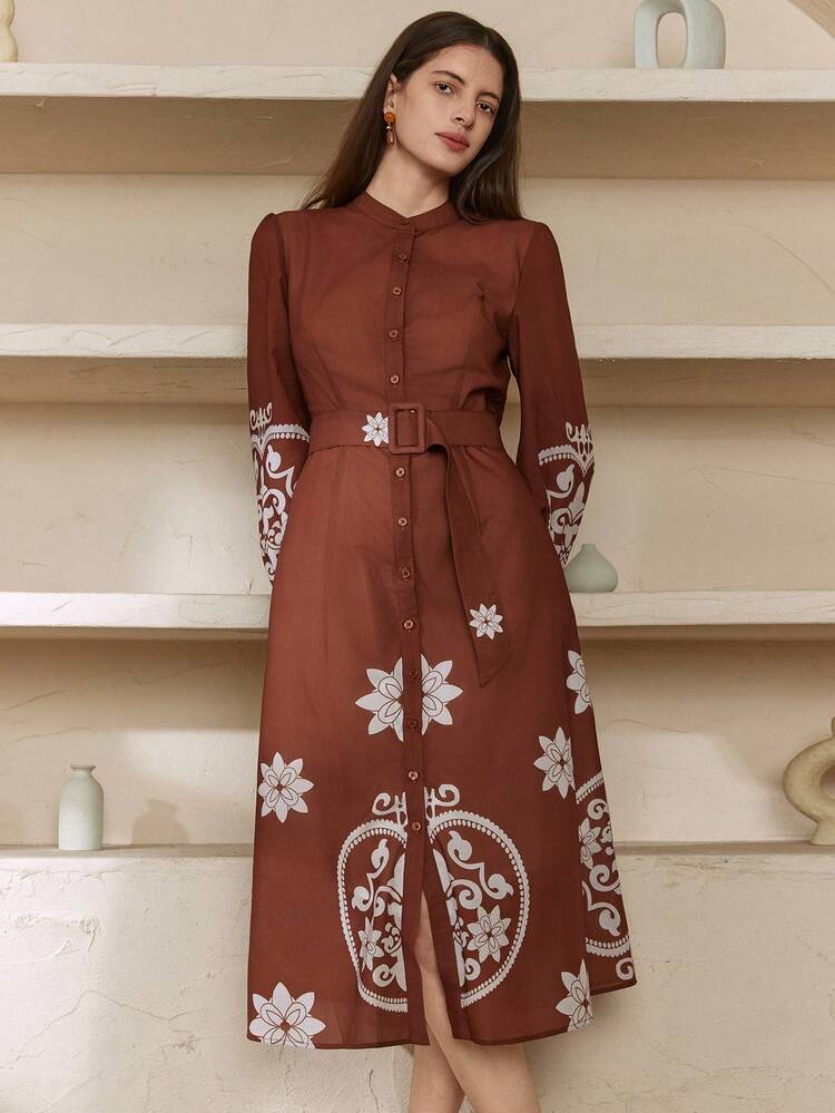 Women's Floral Print Long Sleeve Single-Breasted Casual Dress Sundress