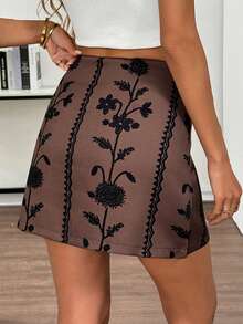 Elyressa Women's Floral Print Bodycon Elegant Skirt - Brown - View 2