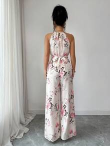 SHEIN Elenzya 女士流行玫瑰印花露背扭结褶皱连体裤，优雅时尚休闲连体裤，适合日常和户外穿着，夏季 - 彩色 - 查看 2