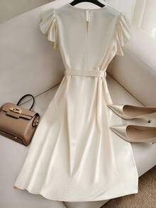 GlowEve Fashionable New Round Neck Ruffle Short Sleeve Gold Button Waist Belt Waisted Mid-Length Elegant High-Quality Dress For Women - Apricot - View 2