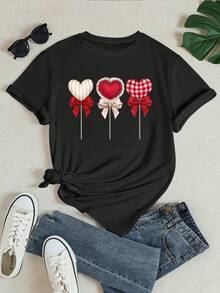 INAWLY Áo thun nữ tay ngắn màu đen in hình trái tim và nơ, kiểu dáng thường ngày, thích hợp cho ngày Valentine và đi làm. - màu đen - Xem 3