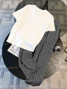 Resyla Random Print Applique Rhinestone Decor Casual Round Neck Short Sleeve T-Shirt + Pants Set, Gift For Friends - White - View 2