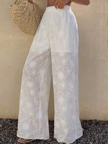 Livesso Pantalones casuales de mujer con cordón en la cintura, unicolor, bordados, estilo boho para vacaciones - Blanco - Ver 5