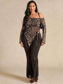 SHEIN BAE Plus Size Women Oblique Shoulder Long Sleeve Fitted Asymmetrical Hem Ruched Leopard Print T-Shirt - Apricot - View 3