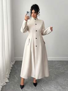 Elenzga Plus Size High-End Cinched Waist Flared Hem Overcoat, Autumn/Winter Fall Cloth For Women - Beige - View 4