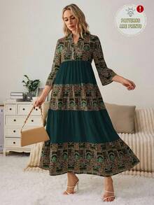 Al Najma Women's V-Neck Pleated Long Sleeve Dress, Suitable For Autumn Carnival - Multicolor - View 5