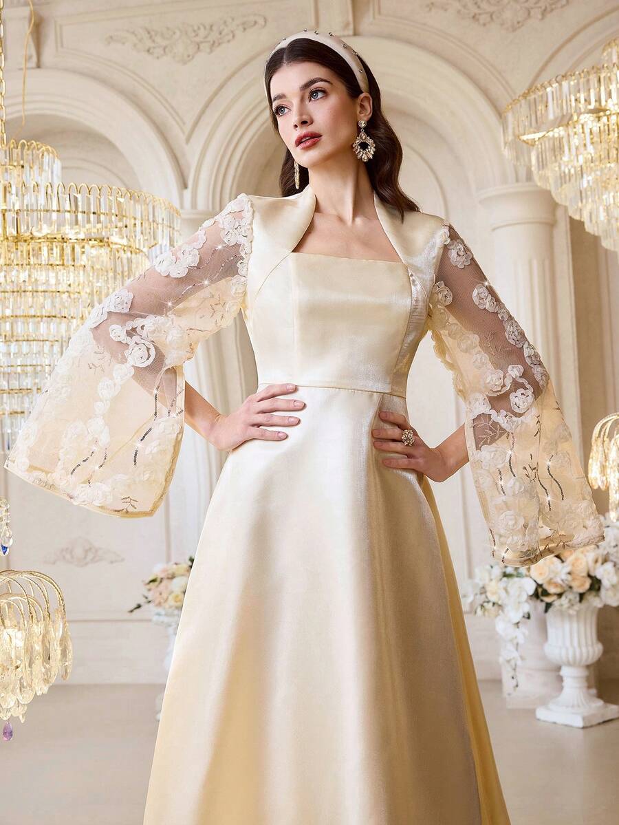 Modelyn 女士优雅派对礼服，饰有亮片拼接、透视网纱袖和收腰设计，缎面面料 - 杏色 - 查看 1